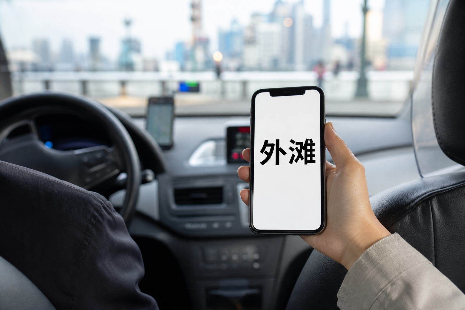 Phone showing large Chinese characters 外滩 (The Bund) to a taxi driver; faces and plates not shown.
